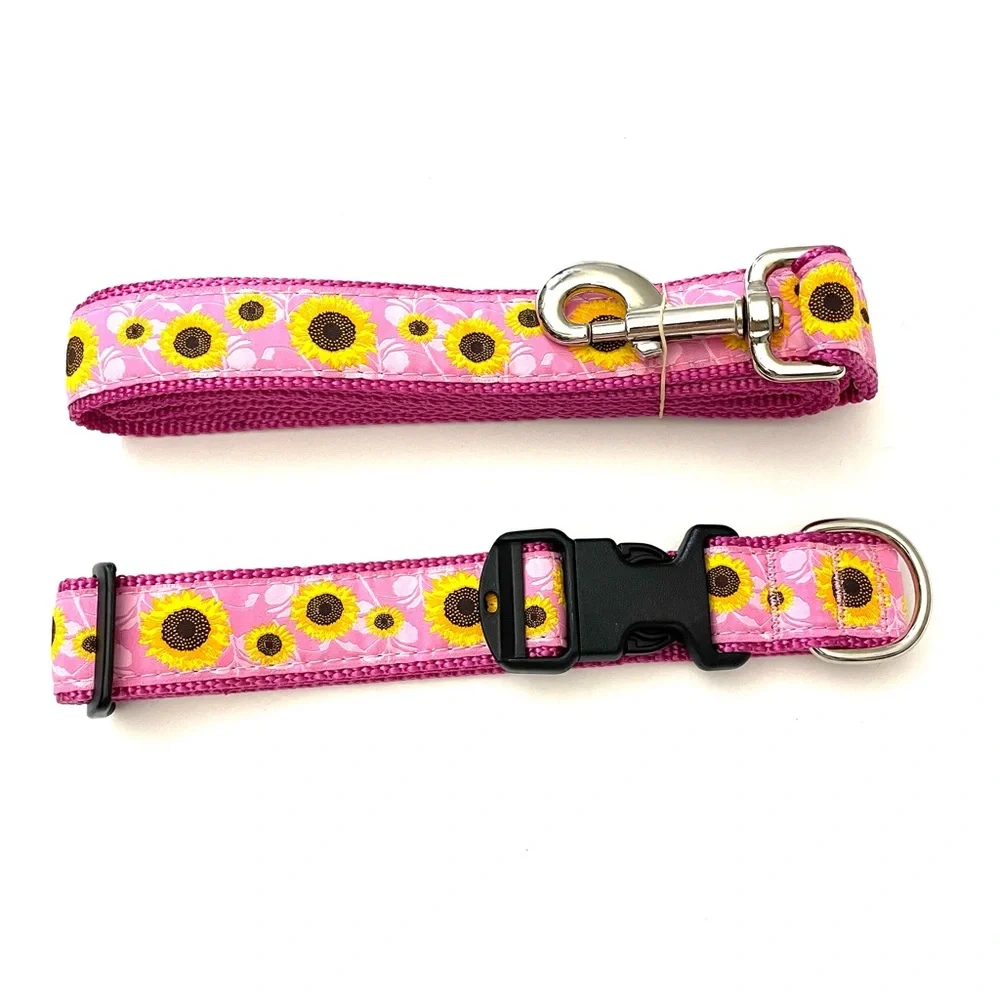 NWOT Preston Nylon Pink Sunflower Dog Collar And 6ft Leash Set